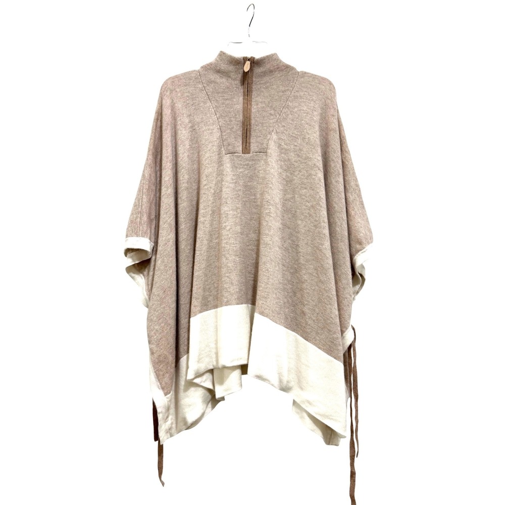 J.McLaughlin Wool Cashmere Quarter Zip Poncho Beige Cream Colorblock One Size